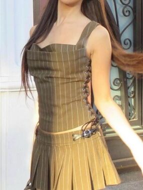 Miaou Olive Pinstripe Lace-Up Corset Camisole